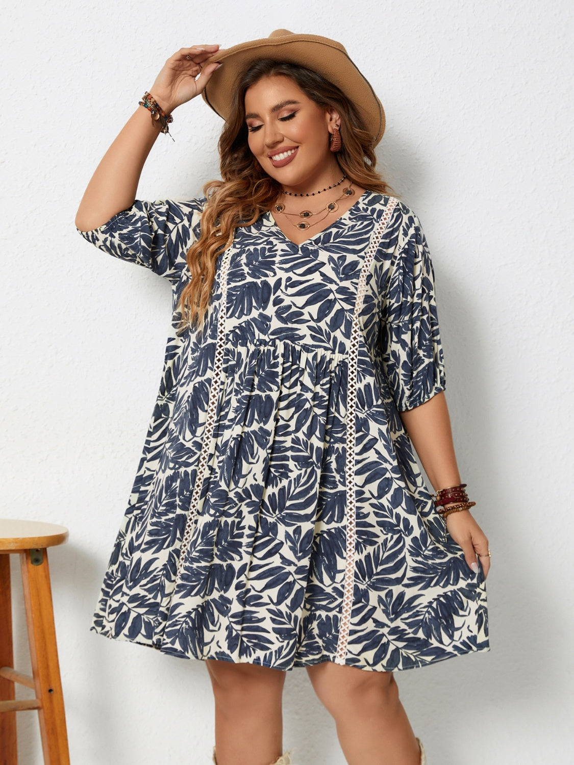 Plus Size Printed V-Neck Half Sleeve Mini Dress-Jewearrings