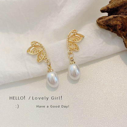 Temperament Pearl Butterfly Earrings Super Fairy Simple-Jewearrings