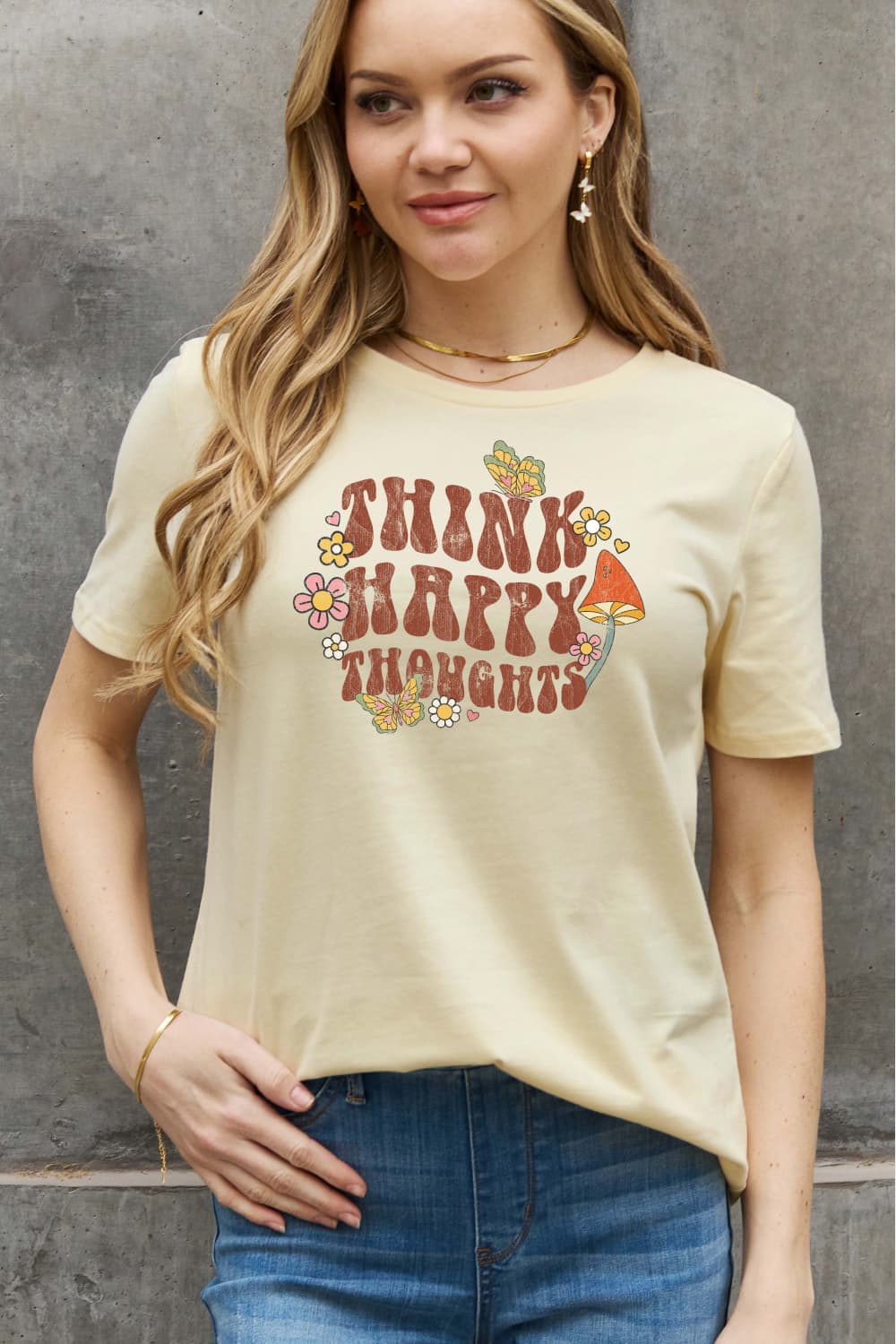 Simply Love Full Size THINK HAPPY THOUGHTS Graphic Cotton Tee-Jewearrings