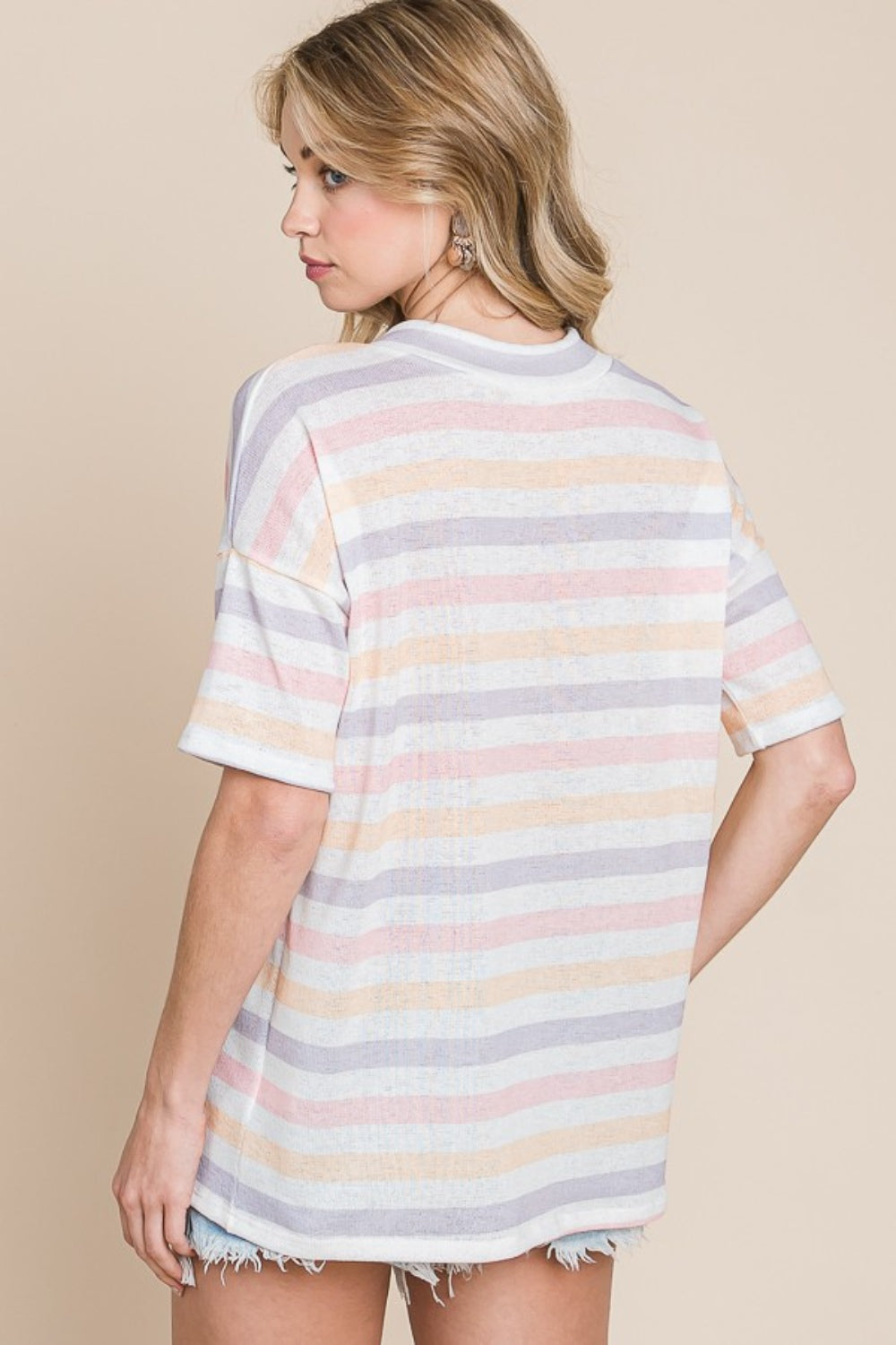 BOMBOM Striped V-Neck Short Sleeve T-Shirt-Jewearrings