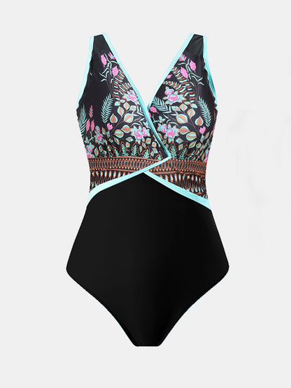 Printed Surplice Wide Strap One-Piece Swimwear-Jewearrings