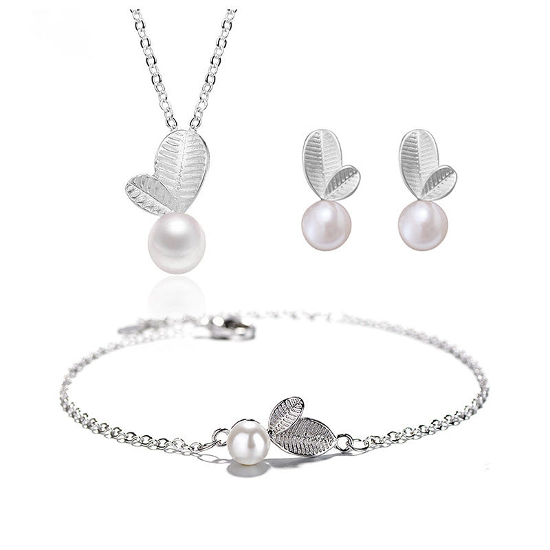 Simple Set Young Leaf Pearl Necklace Earrings Bracelet Women Fashion Matching-Jewearrings