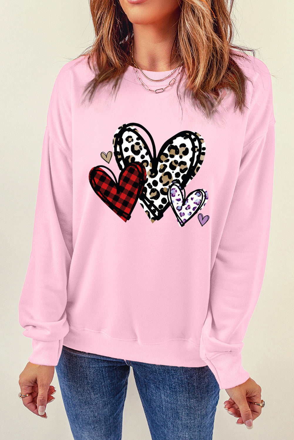 Heart Round Neck Dropped Shoulder Sweatshirt-Jewearrings