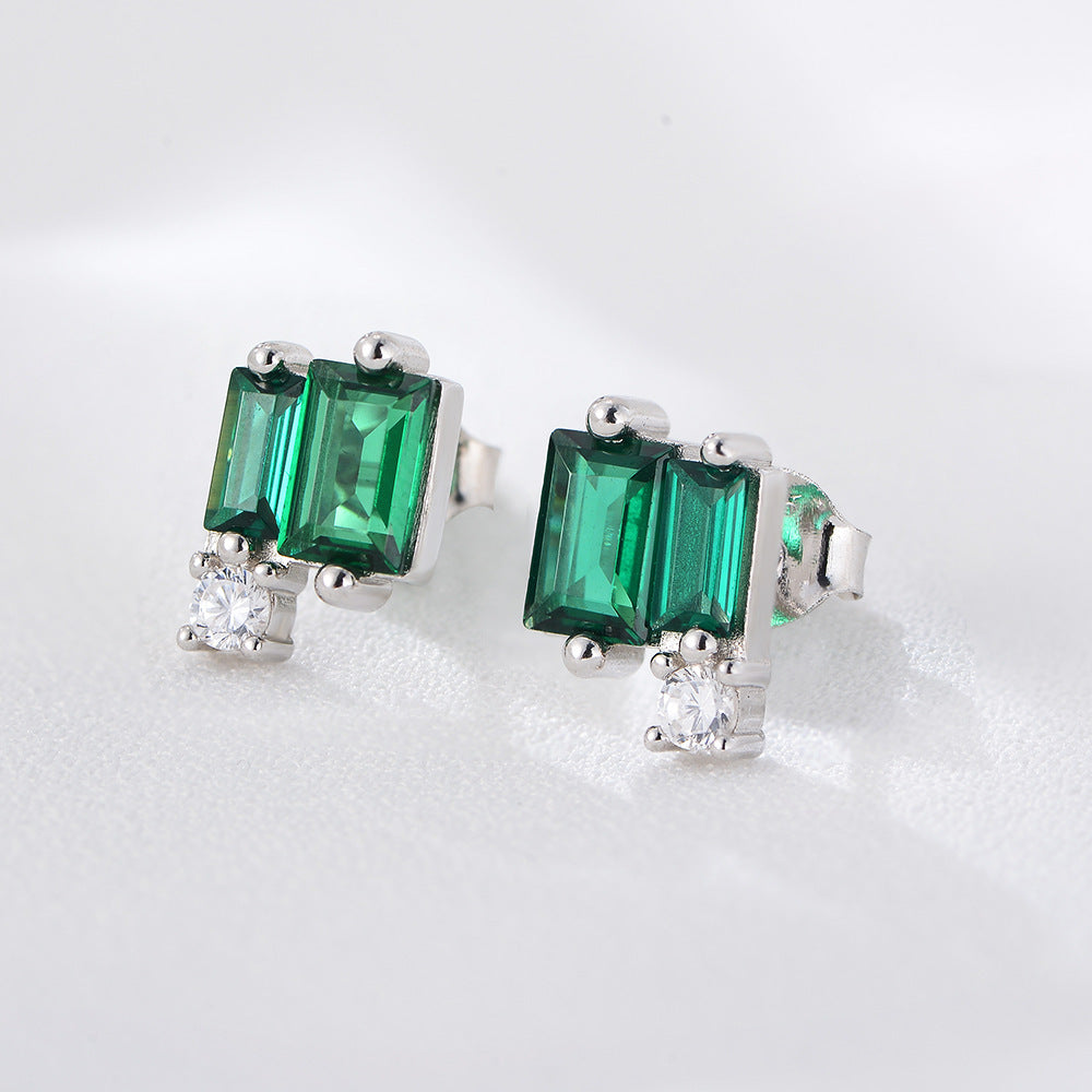 Simple Geometric Square Emerald Zircon Stud Earrings Sterling Silver Style Graceful Earrings-Jewearrings