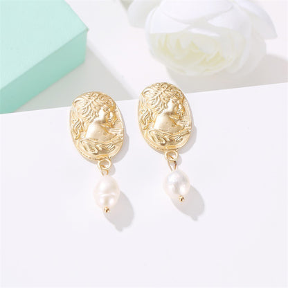 Simple Imitation Pearl Gold Ethnic Face Geometric Earrings-Jewearrings