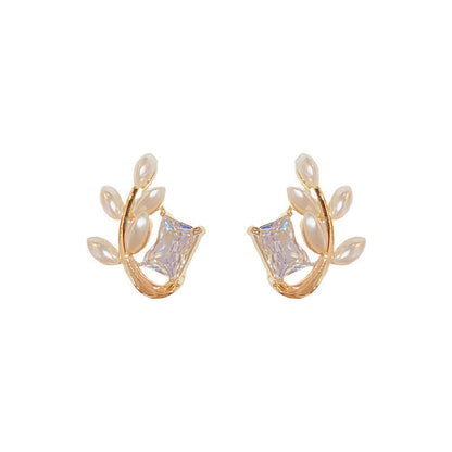 Zircon Pearl Leaf-shapepd Stud Earrings Graceful And Fashionable Earrings-Jewearrings