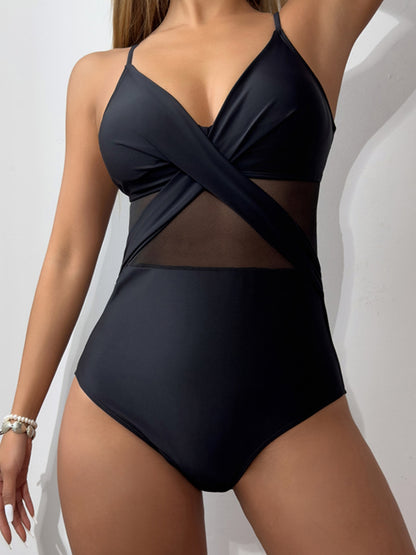 V-Neck Spaghetti Strap One-Piece Swimwear-Jewearrings