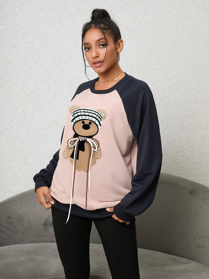 Bear Graphic Raglan Sleeve Sweatshirt-Jewearrings