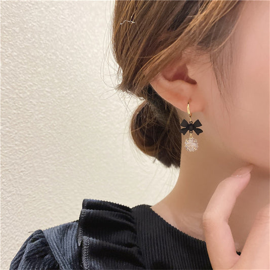 925 Silver Post C Shape Black Bow Zirconia Earrings-Jewearrings