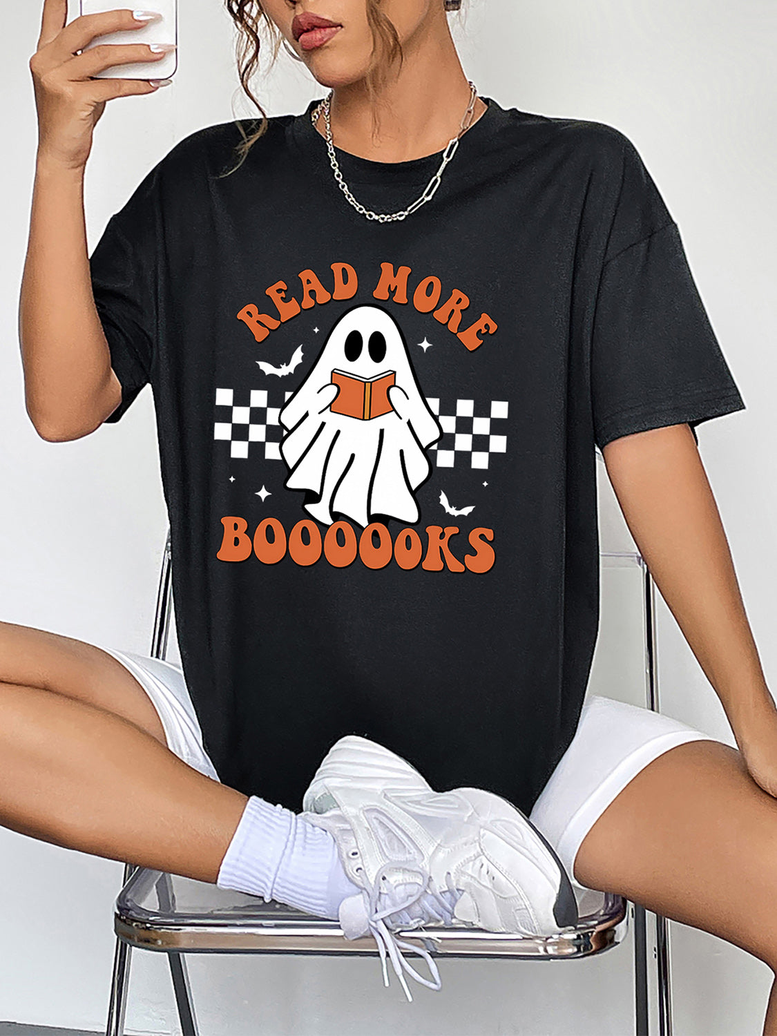 Round Neck Short Sleeve Ghost Graphic T-Shirt-Jewearrings