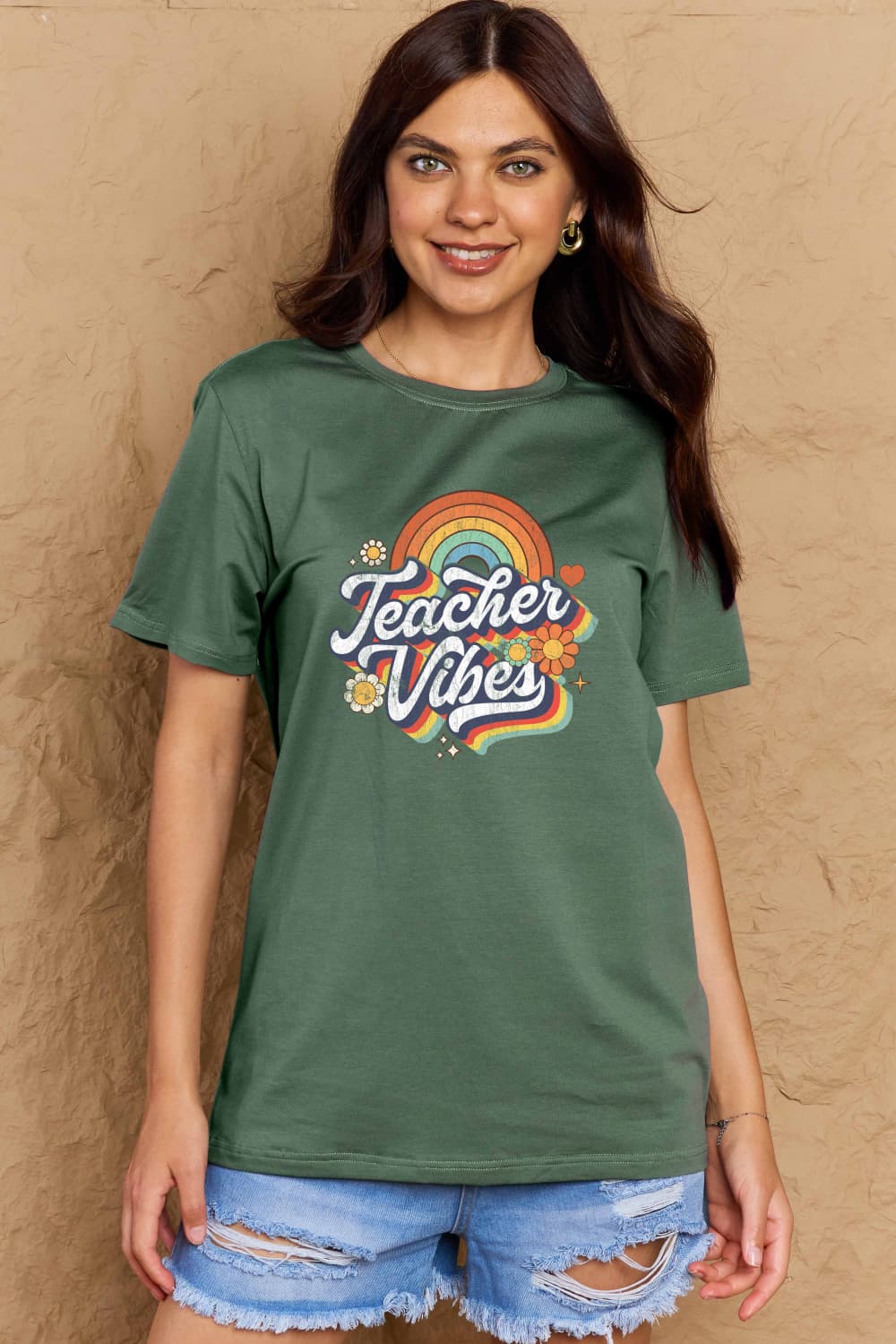 Simply Love Full Size TEACHER VIBES Graphic Cotton T-Shirt-Jewearrings