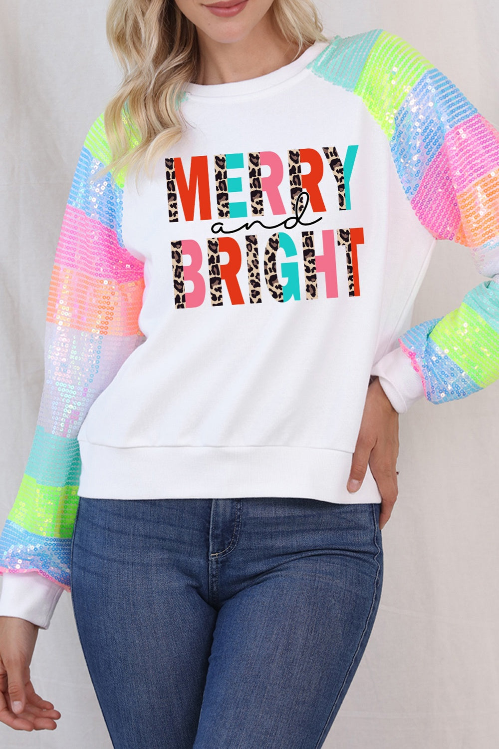 MERRY AND BRIGHT Sequin Long Sleeve Sweatshirt-Jewearrings