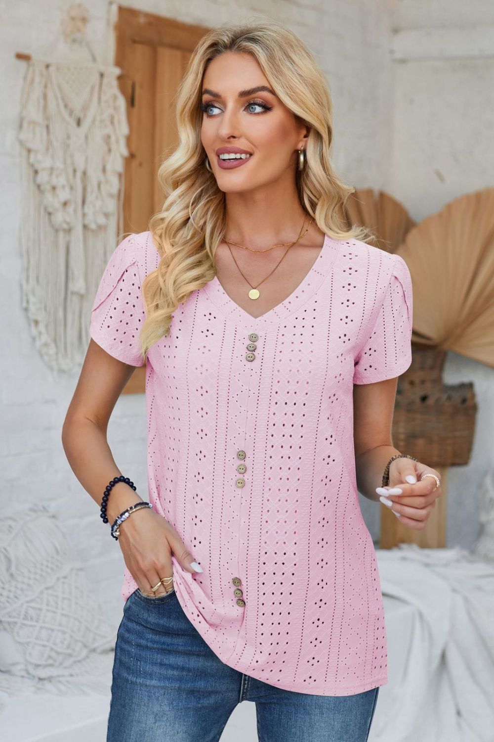 Decorative Button Eyelet V-Neck Short Sleeve T-Shirt-Jewearrings