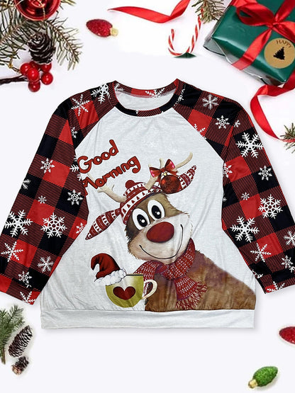 Plus Size Reindeer Graphic Plaid Long Sleeve T-Shirt-Jewearrings