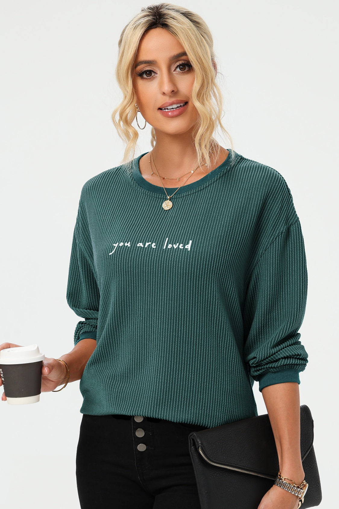 YOU ARE LOVED Graphic Dropped Shoulder Corduroy Sweatshirt-Jewearrings