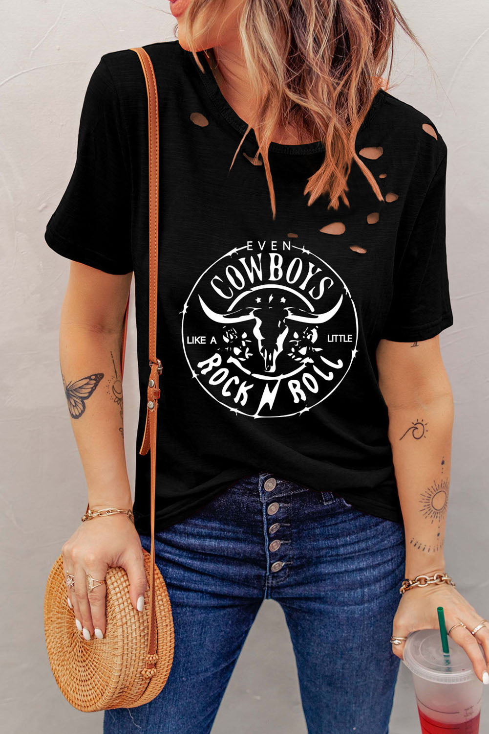 Graphic Round Neck Cutout Tee-Jewearrings