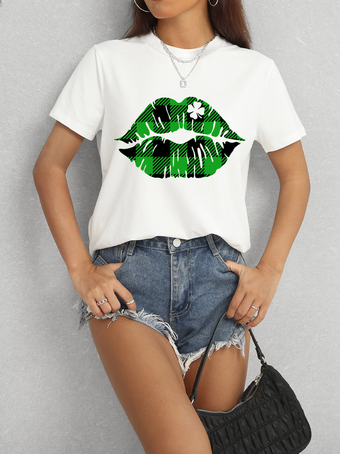 Plaid Lip Graphic Round Neck T-Shirt-Jewearrings