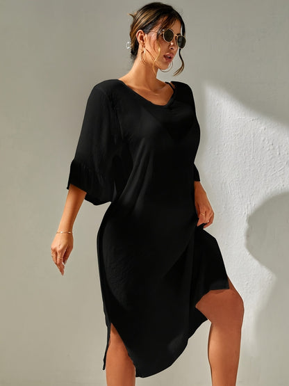 Slit V-Neck Flounce Sleeve Cover-Up-Jewearrings