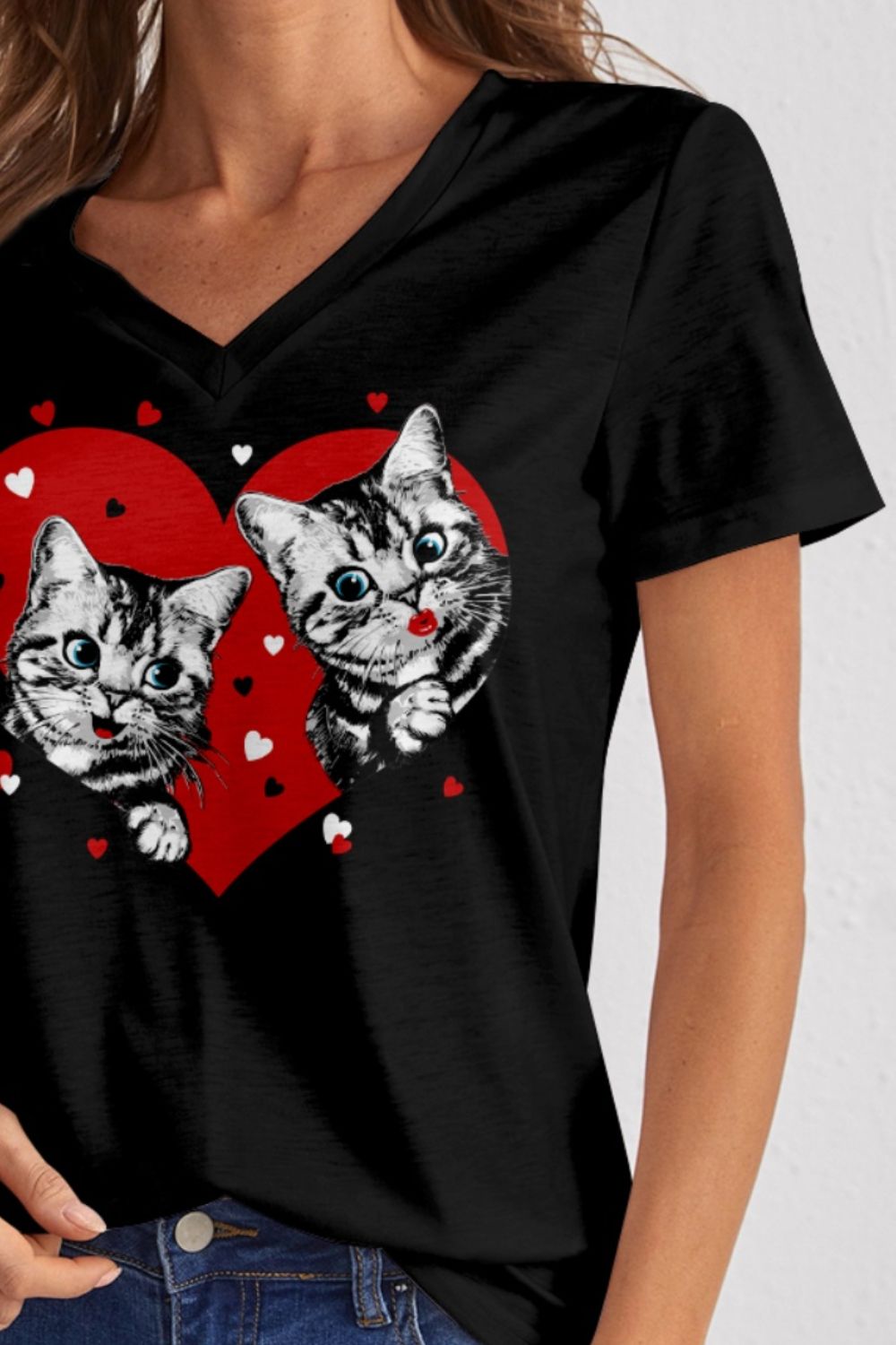 Cat V-Neck Short Sleeve T-Shirt-Jewearrings