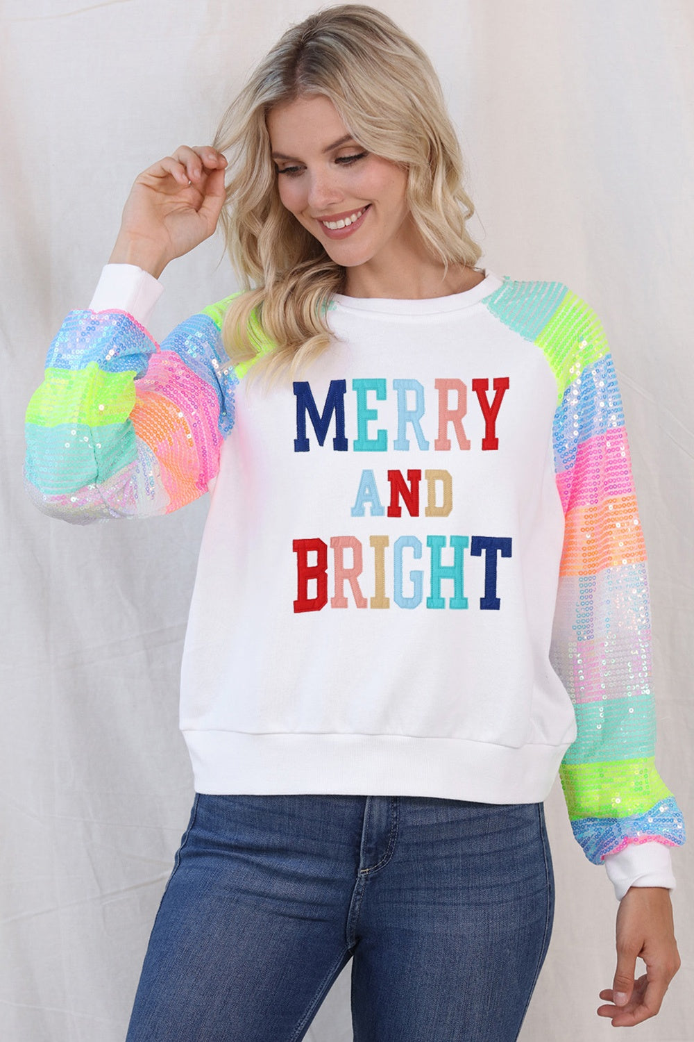 MERRY AND BRIGHT Sequin Long Sleeve Sweatshirt-Jewearrings