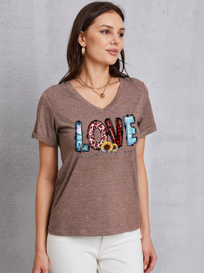 Letter Graphic V-Neck Short Sleeve T-Shirt-Jewearrings