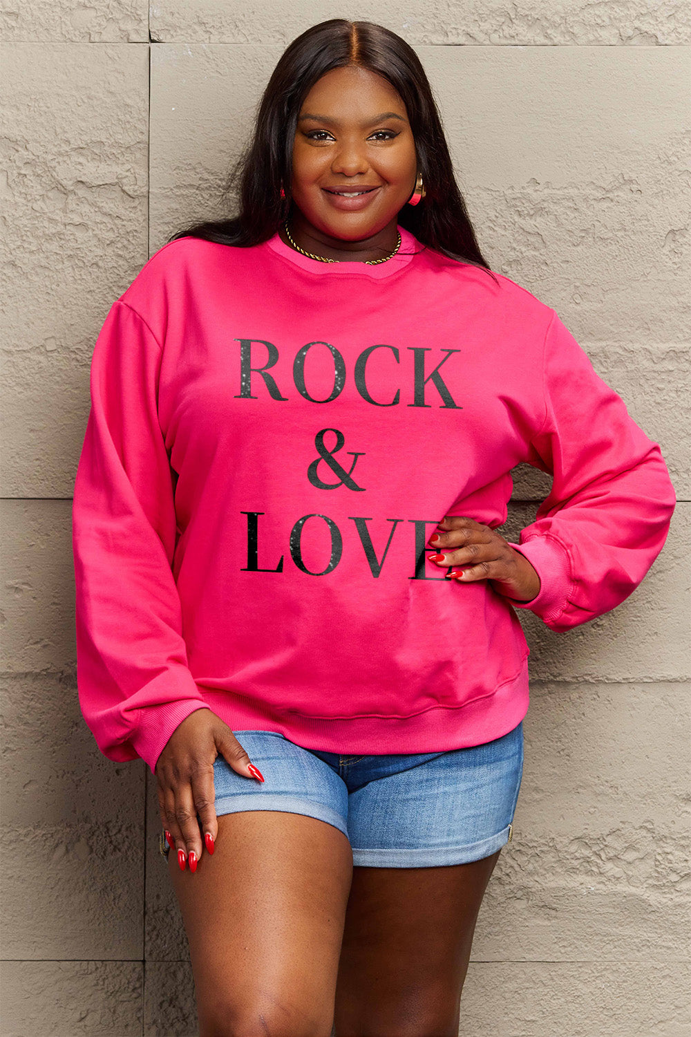 Simply Love Full Size ROCK ＆ LOVE Round Neck Sweatshirt-Jewearrings