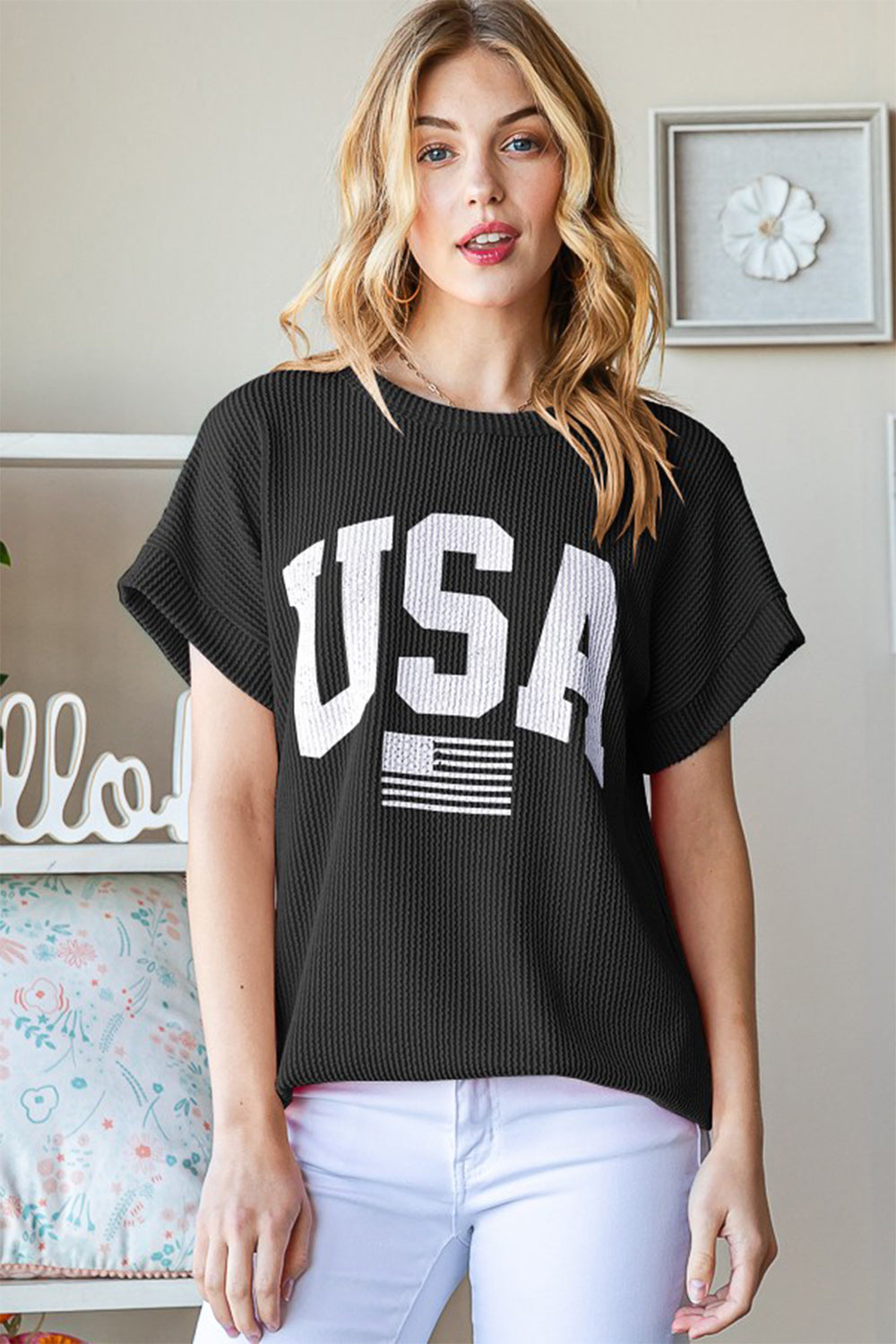 Heimish Full Size USA Graphic Short Sleeve Ribbed Top-Jewearrings