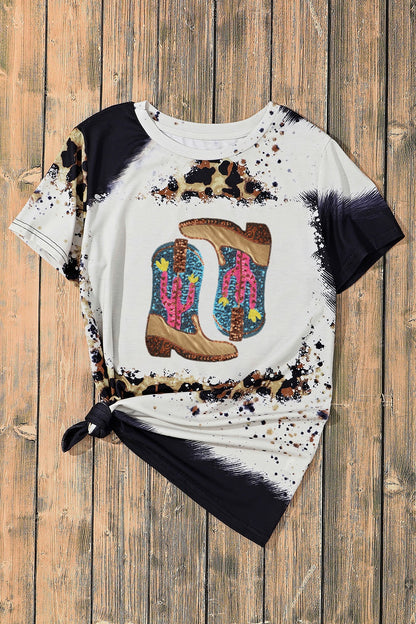 Sequin Boots Leopard Round Neck Short Sleeve T-Shirt-Jewearrings