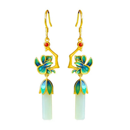 Flower S925 Silver Embeded Jade Eardrops Antique Earrings-Jewearrings