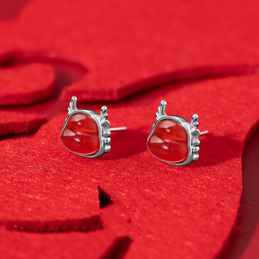 Dragon Year Stud Earrings Women's Sterling Silver Niche Red Agate-Jewearrings