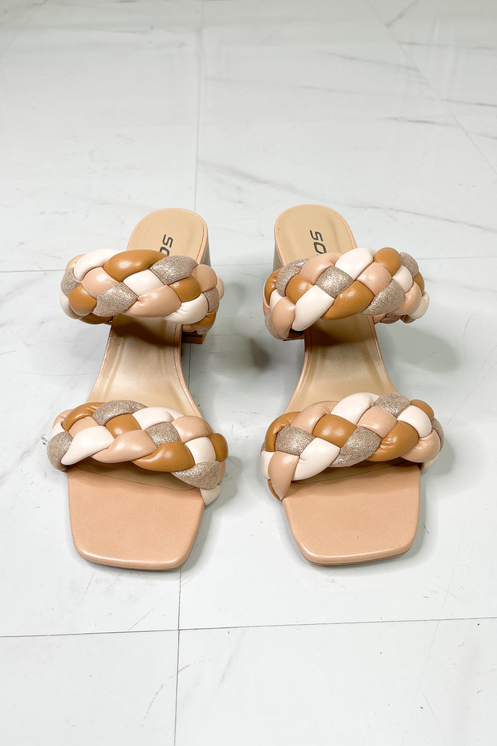 SODA Interwoven Ideas Braided Strap Block Heel Slide Sandal in Nude-Jewearrings