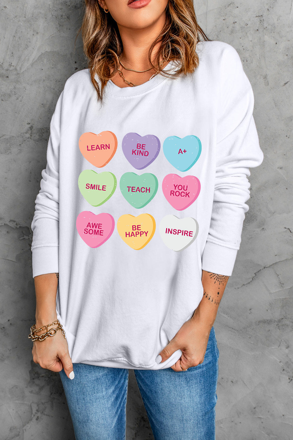 Heart Round Neck Dropped Shoulder Sweatshirt-Jewearrings