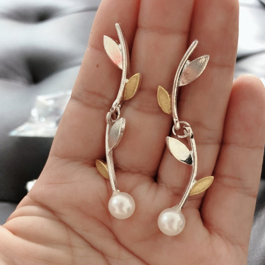 Retro 925 Silver Color Separation Leaf Pearl Earrings-Jewearrings