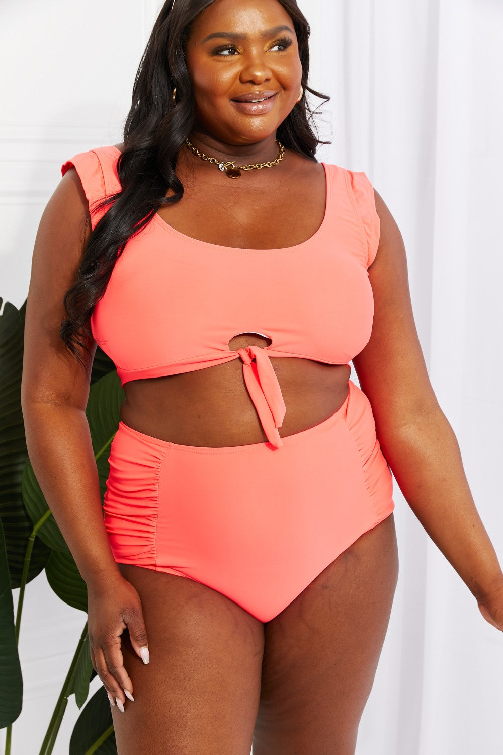 Marina West Swim Sanibel Crop Swim Top and Ruched Bottoms Set in Coral-Jewearrings