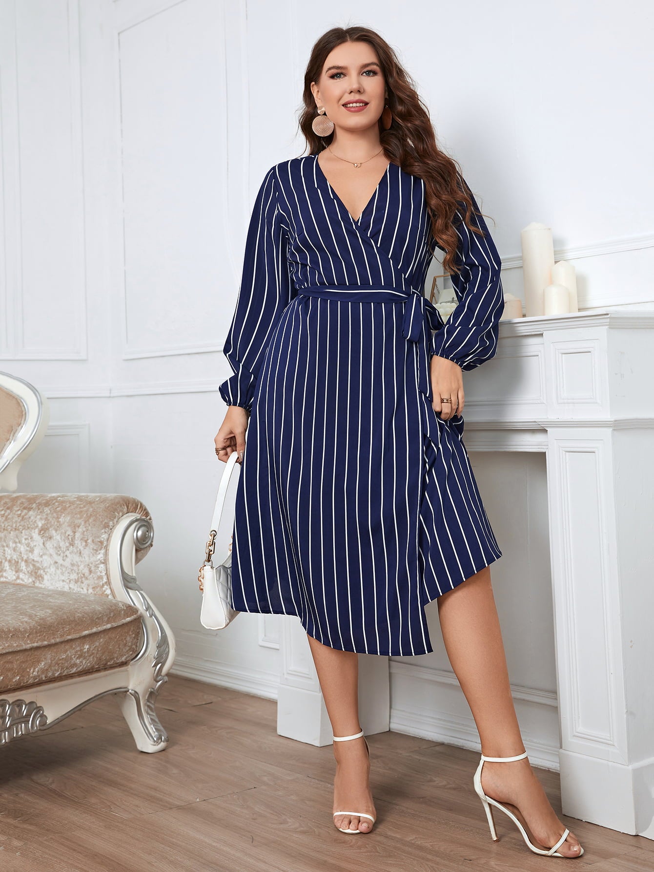 Melo Apparel Plus Size Striped Surplice Neck Long Sleeve Dress-Jewearrings