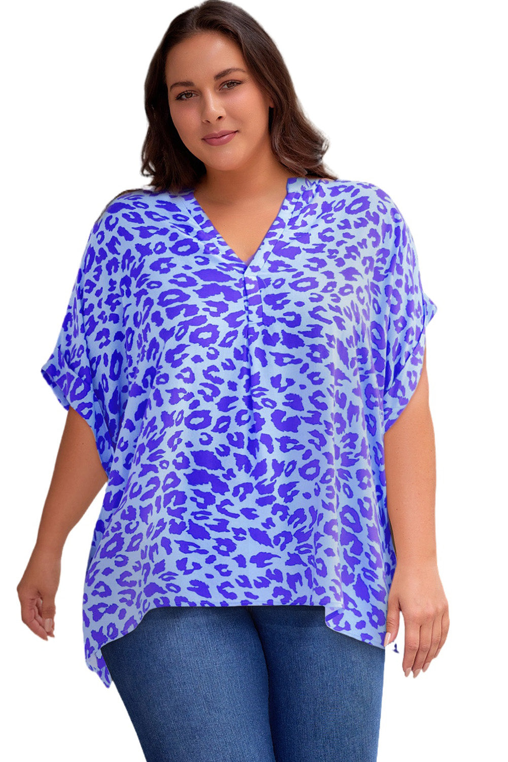 Plus Size Printed Notched Neck Half Sleeve Top-Jewearrings