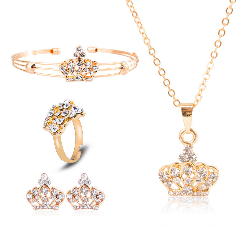 Women's Crown Pendant Necklace Stud Earrings Ring Bracelet Jewelry Set-Jewearrings