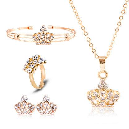 Women's Crown Pendant Necklace Stud Earrings Ring Bracelet Jewelry Set-Jewearrings