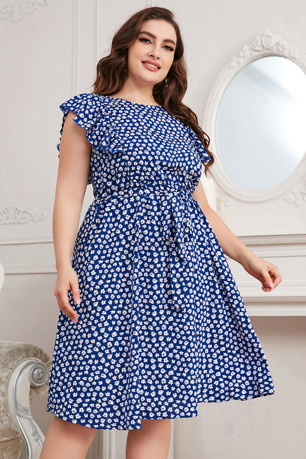 Plus Size Round Neck Tie Waist Dress-Jewearrings