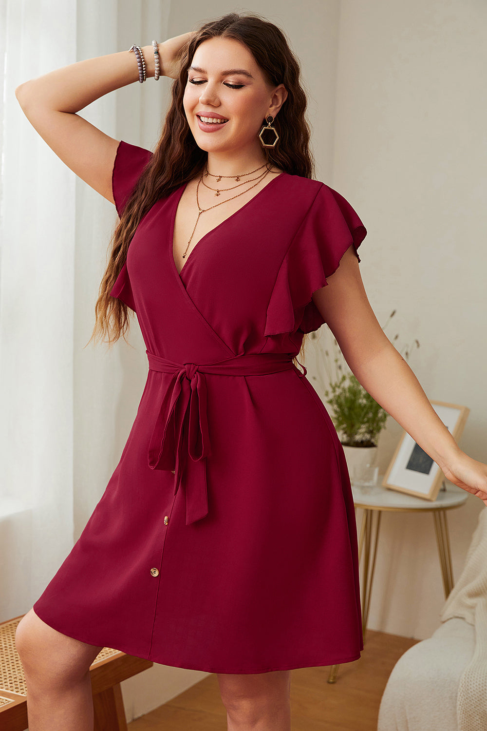 Plus Size Surplice Neck Tie Waist Dress-Jewearrings