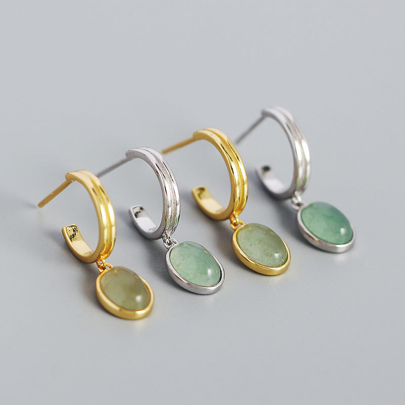 S925 Silver Stud Earrings C- Shaped High-grade Green Aventurine Retro Silver-Jewearrings