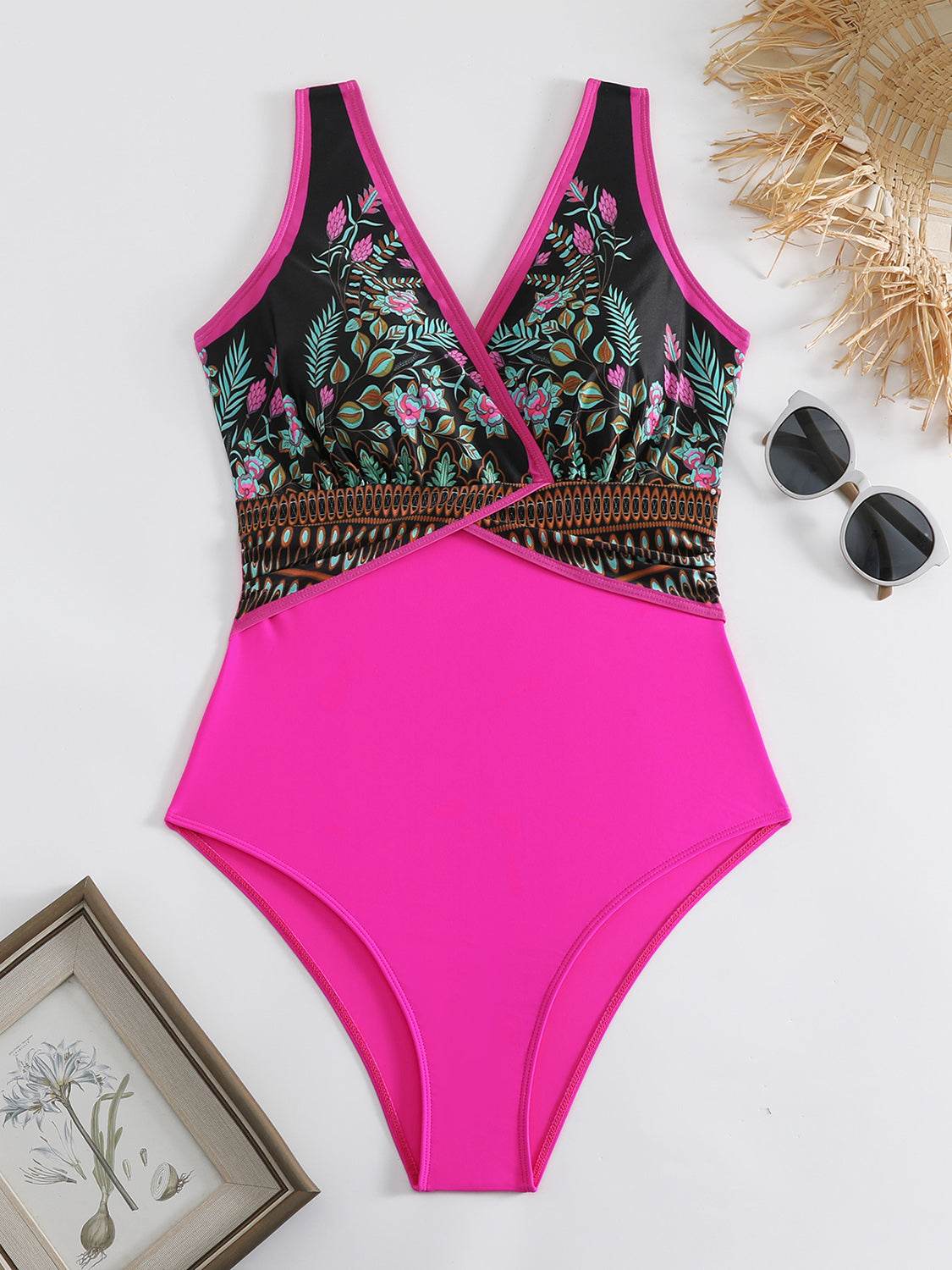 Printed Surplice Wide Strap One-Piece Swimwear-Jewearrings