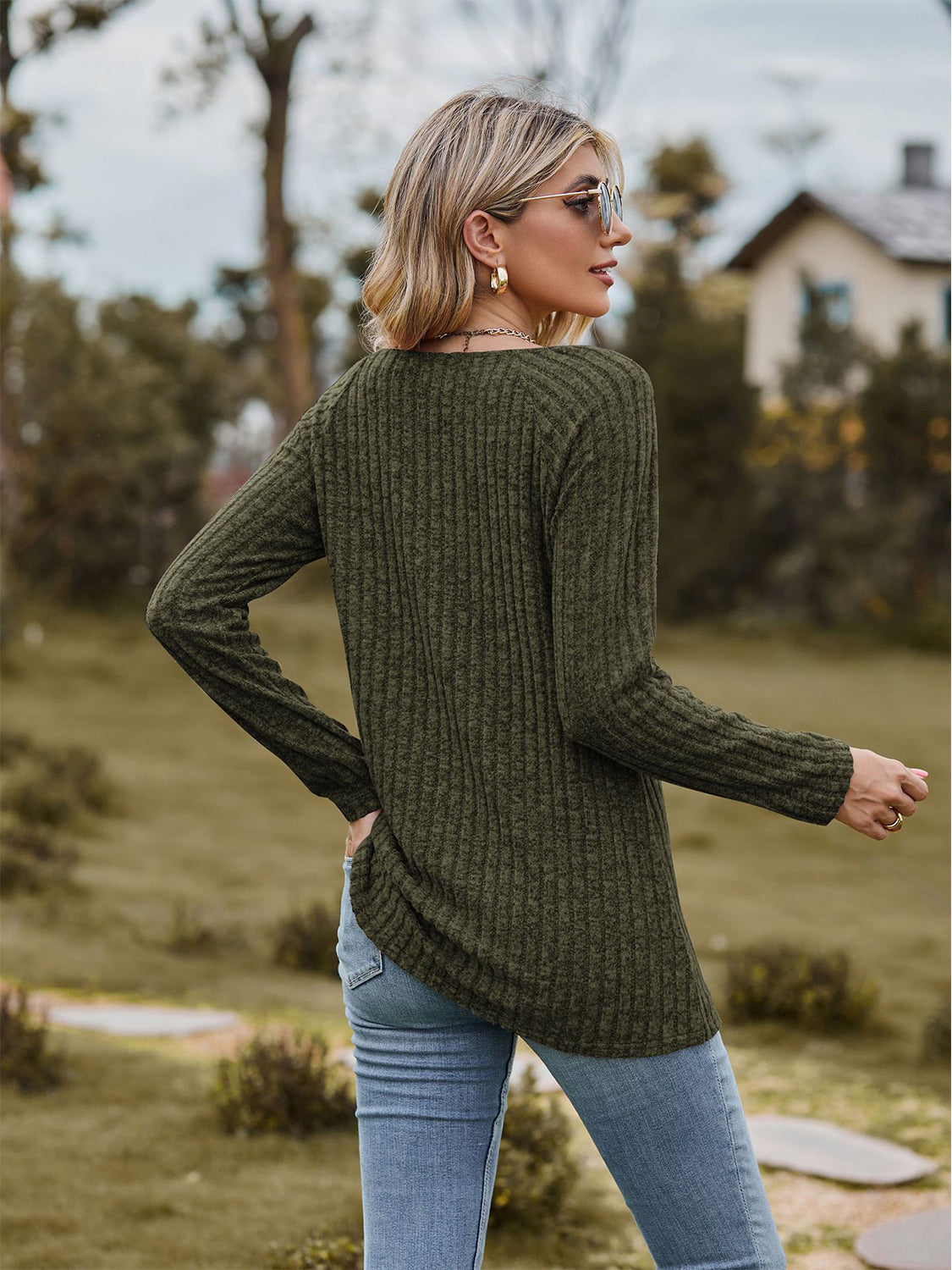 Full Size Ribbed Square Neck Long Sleeve T-Shirt-Jewearrings