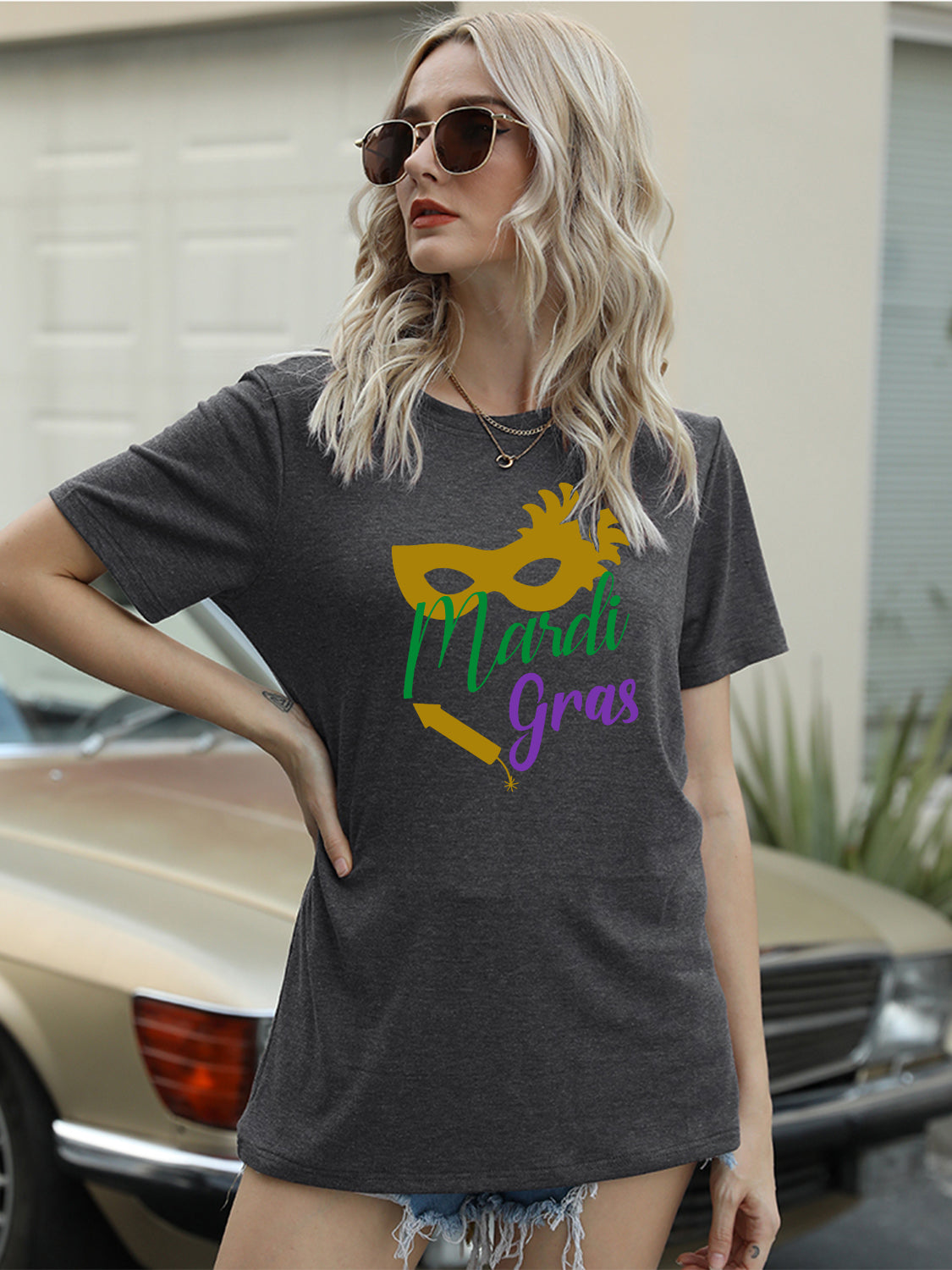 Full Size MARDI GRAS Round Neck Short Sleeve T-Shirt-Jewearrings