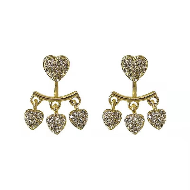 Sparkling Heart Earrings Tassel Front And Back Buckle Design Silver Stud-Jewearrings