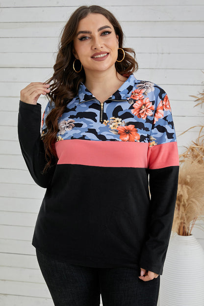 Plus Size Floral Color Block Quarter Zip Top-Jewearrings