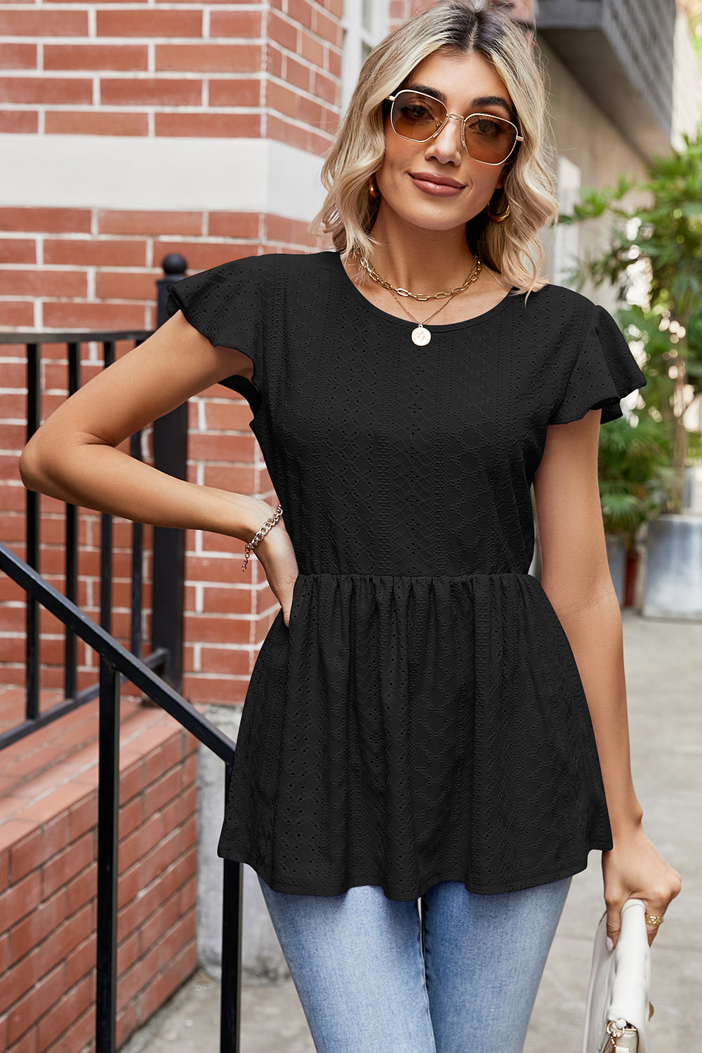 Tied Ruffled Round Neck Peplum T-Shirt-Jewearrings