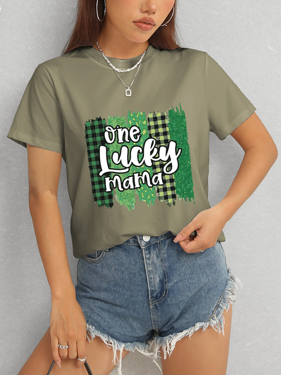 ONE LUCKY MAMA Round Neck T-Shirt-Jewearrings