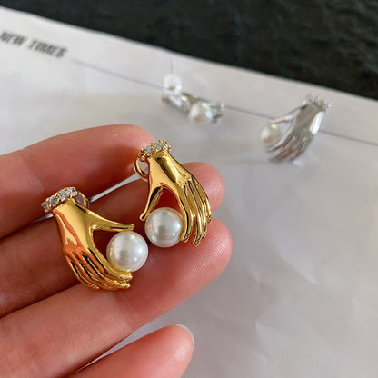 Women's Pearl Small Hand Earrings-Jewearrings