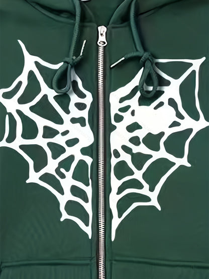 Spiderweb Graphic Drawstring Zip Up Hooded Jacket-Jewearrings